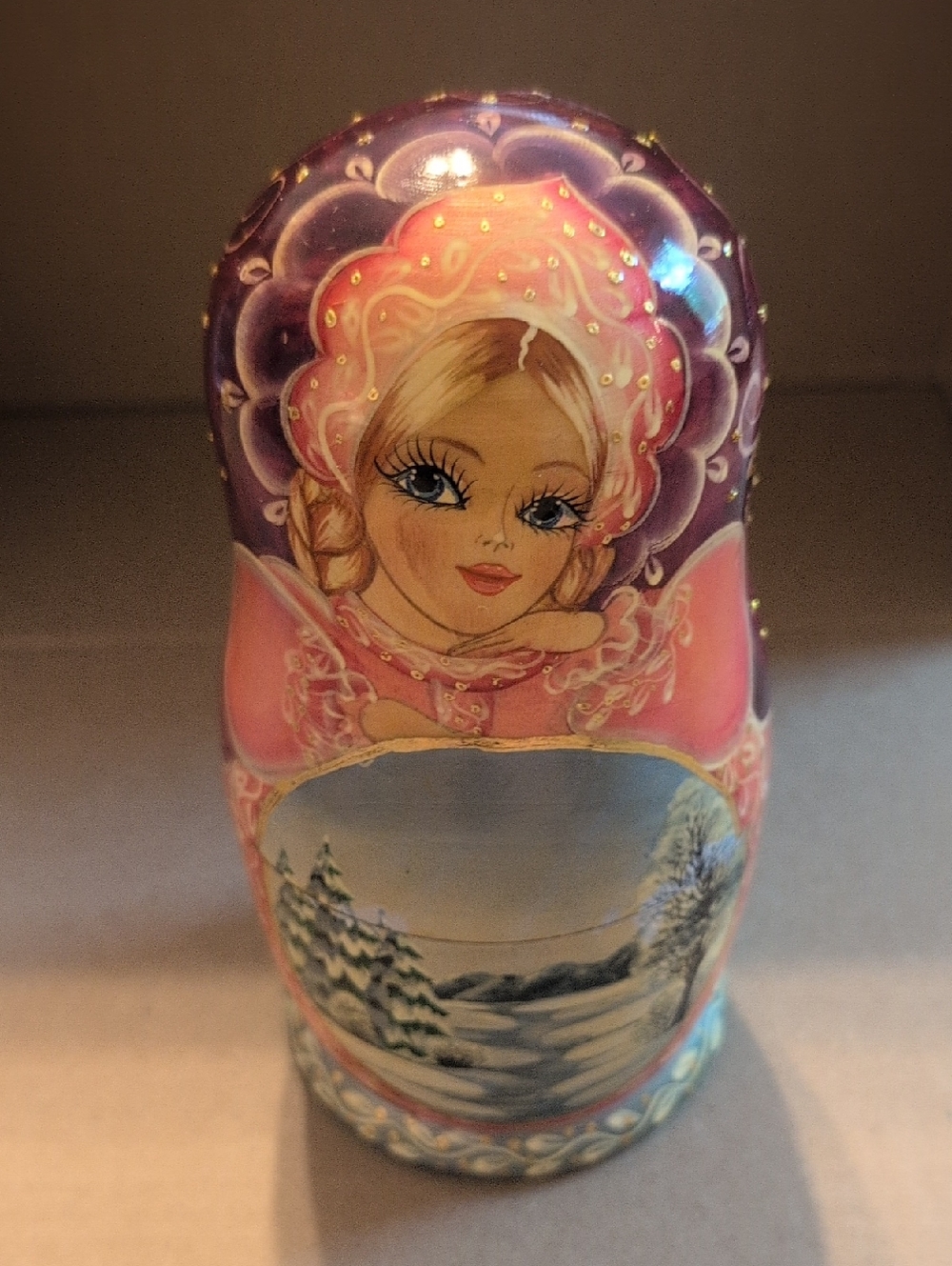 Hand-Painted Russian Nesting Doll - Pink & Purple Winter Scene